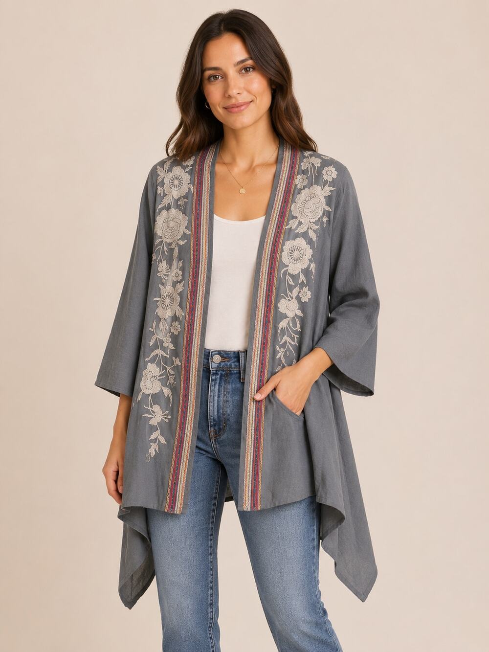 Johnny Was Floral Embroidered 3/4 Sleeve Kimono Gray M